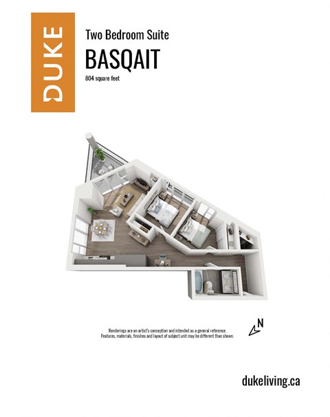 Floor plan for 2 beds, 1 bath, 802 sqft